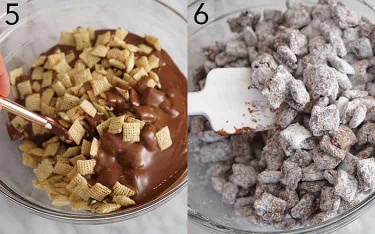 Two photos showing chex being mixed with chocolate then powdered sugar to make puppy chow.