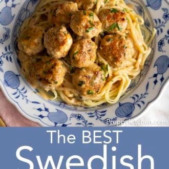 swedish meatballs and pasta on a blue and white plate
