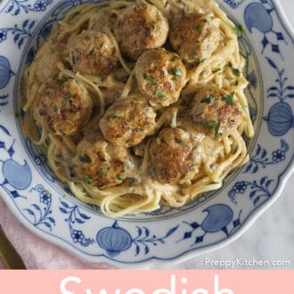 A blue and white plate of Swedish Meatball.