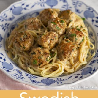 Swedish Meatballs with linguini on a plate.