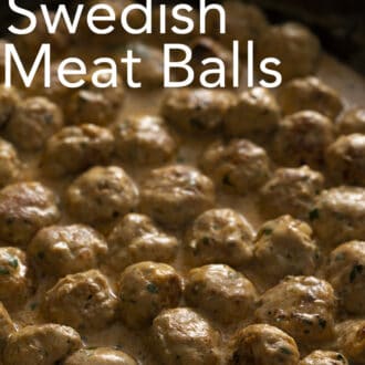 Many Swedish Meatballs in a cast iron pan.
