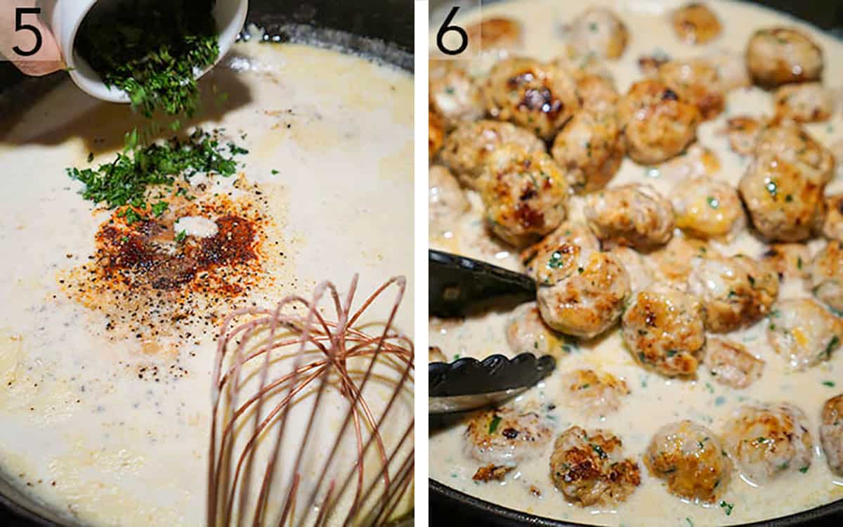 Two photos showing Swedish meatballs getting the final cook in the creamy sauce