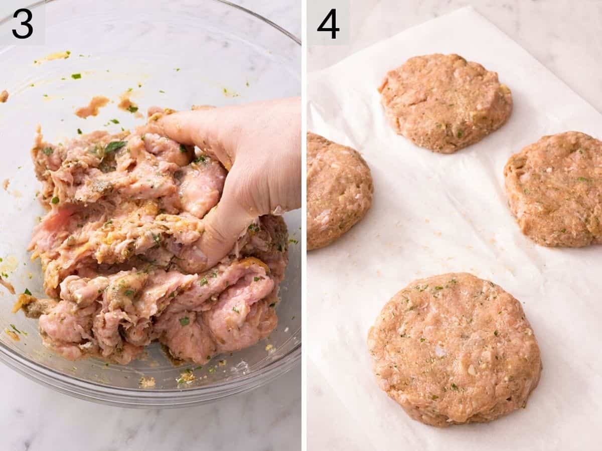 Two photos showing how to shape turkey burger