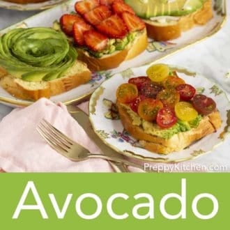 pieces of avocado toast with various toppings on a counter