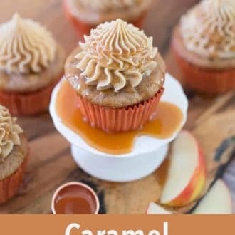 Pinterest graphic of a caramel apple cupcake on a small stand with more in the background.