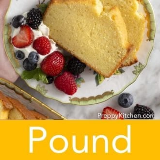 Pinterest graphic of an overhead view of two slices of pound cake with berries on a plate.