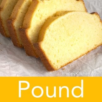 Pinterest graphic of a pound cake, sliced, on a piece of parchment.