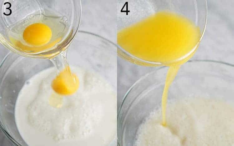 two photos of the wet mixture for waffle batter getting added into a bowl