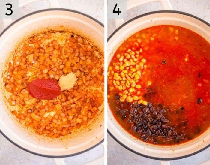 Two photo showing how to make black bean soup