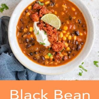black bean soup in a white bowl