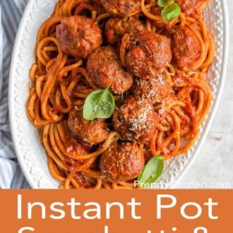 instant pot spaghetti and meatballs on a white serving plate