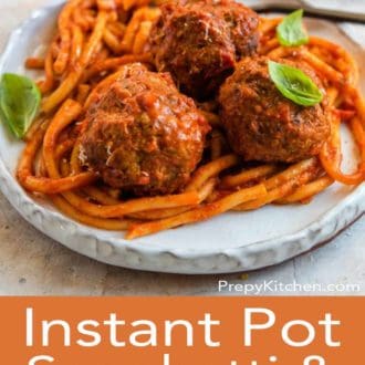 instant pot spaghetti and meatballs on a white plate with a fork