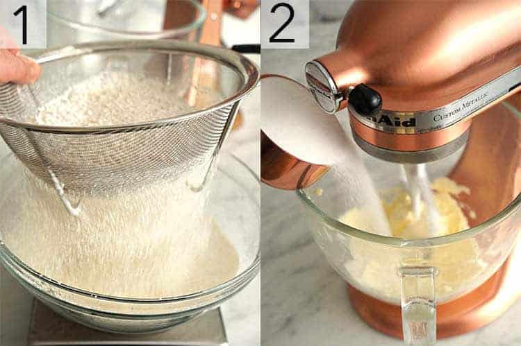 Two photos showing dry ingredients for sugar cookies getting sifted and sugar being added to butter.
