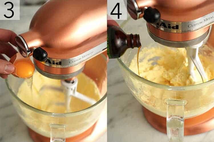 Two photos showing sugar cookie batter being mixed.