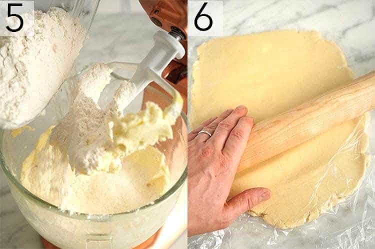 Two photos showing sugar cookie batter being finished and rolled out..