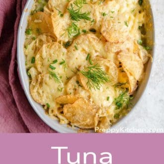 tuna casserole in a white serving dish