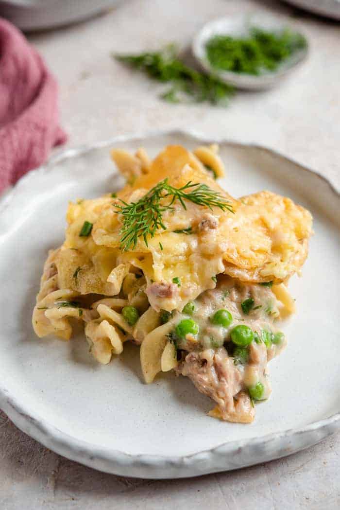 A close up of tuna casserole on a plate