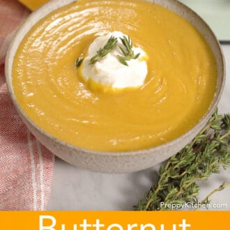 Butternut squash soup in a dollop of sour cream.