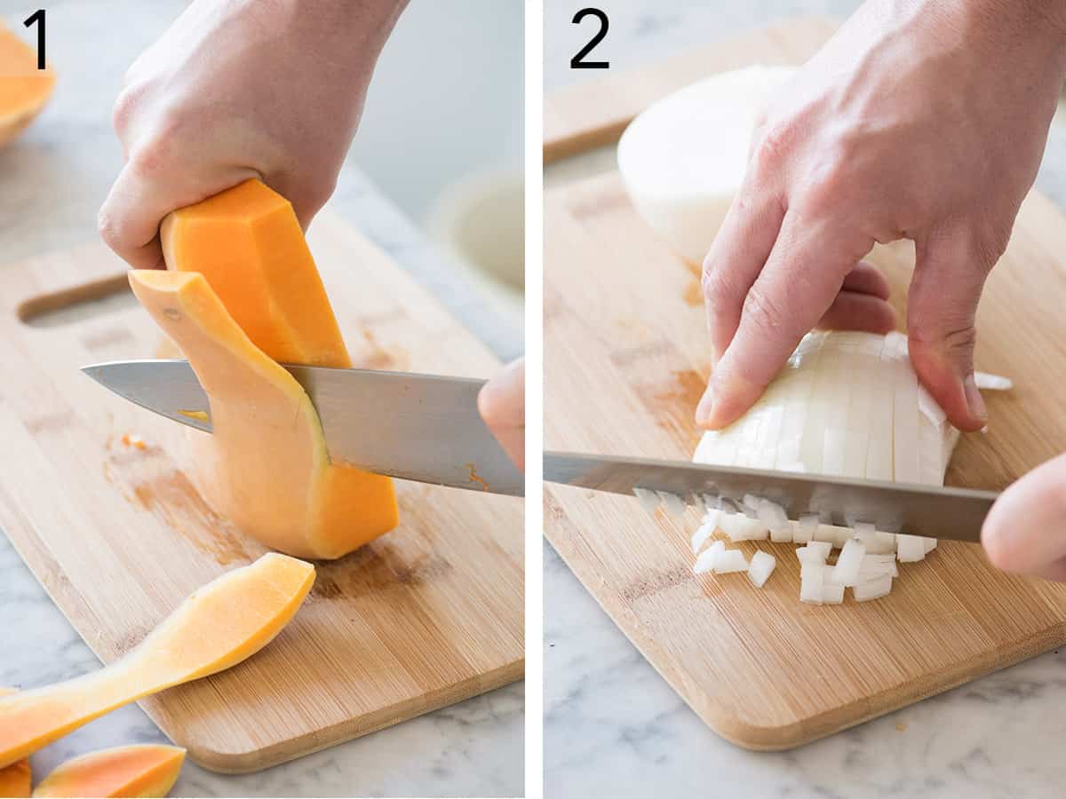 A butternut squash and onion getting chopped.