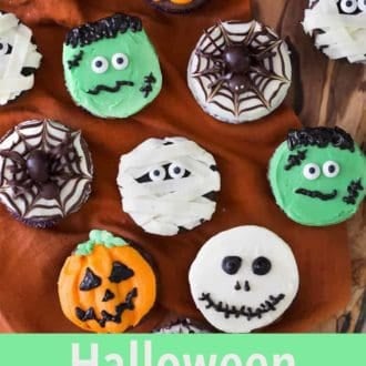 Pinterest graphic showing an overhead view of multiple Halloween cupcakes.