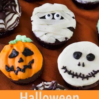 Pinterest graphic showing various halloween cupcakes.