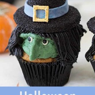 Pinterest graphic of a close up view of a Halloween witch cupcake in black cupcake papers.