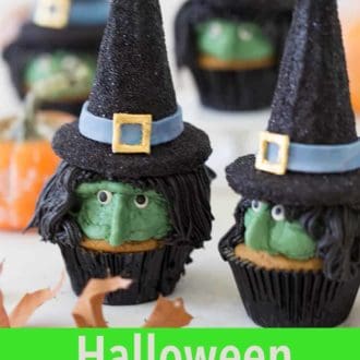 Pinterest graphic of Halloween witch cupcakes in black cupcake papers.