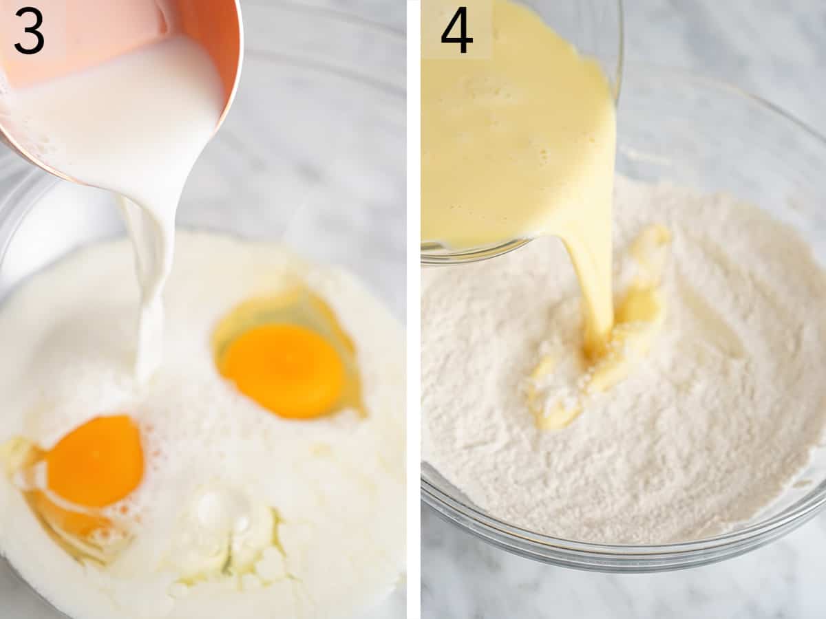 A copper whisk mixing dry ingredients and milk being poured into a bowl of eggs.