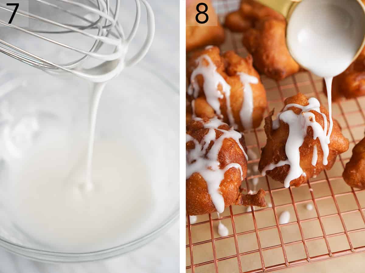 Glaze being mixed and drizzled onto apple fritters
