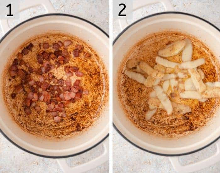 Two photos showing how to fry bacon and potato skins