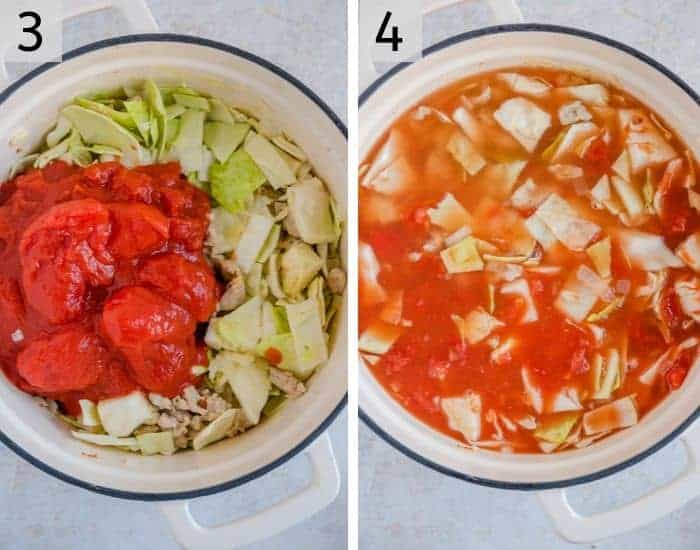 Adding tomatoes and stock to cabbage soup