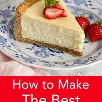 Pinterest graphic of a slice of cheesecake with sliced strawberries on top.