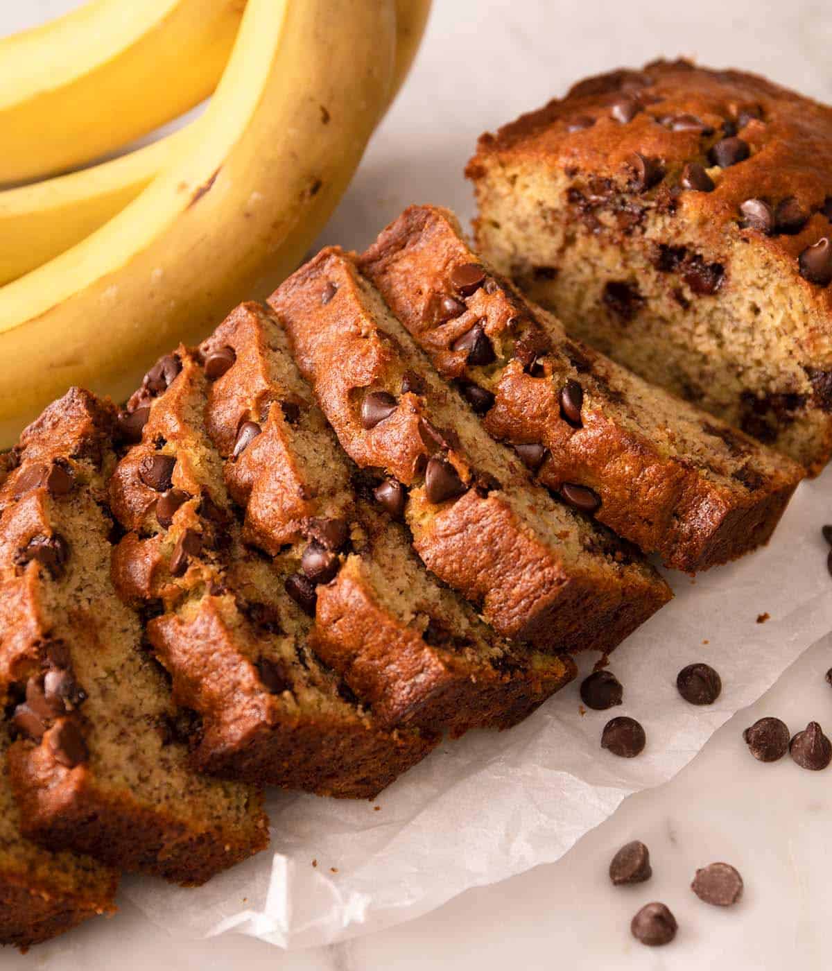 Chocolate chip banana bread cut into slices