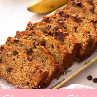 A pinterest graphic of sliced chocolate chip banana bread on a platter.