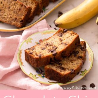 A pinterest graphic of two slices of chocolate chip banana bread.