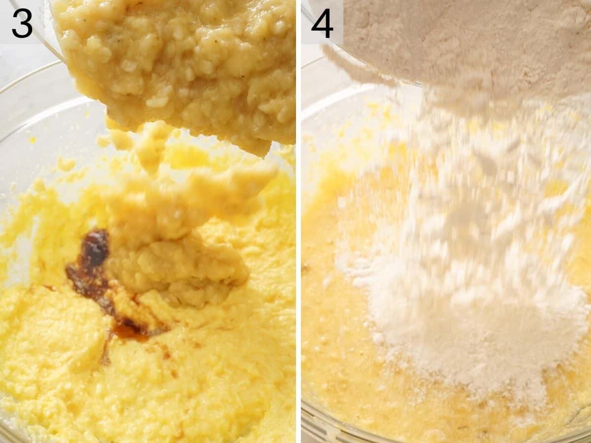 Two photos showing mashed bananas and dry mixture added to a bowl.