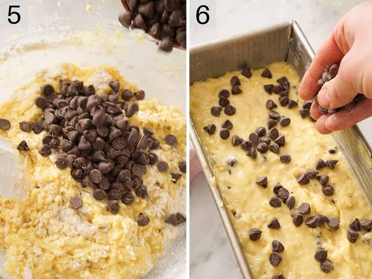 Set of two photos showing chocolate chips added to the mixture. 
