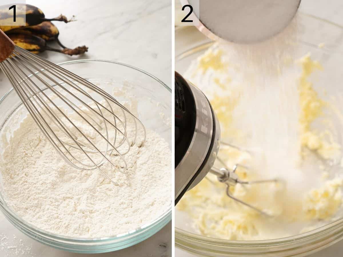 Set of two photos showing dry ingredients whisked and sugar added to butter.