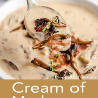 cream of mushroom soup in a white bowl