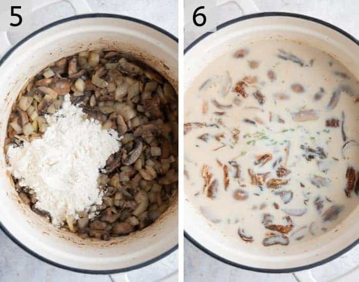 The final steps for making cream of mushroom soup