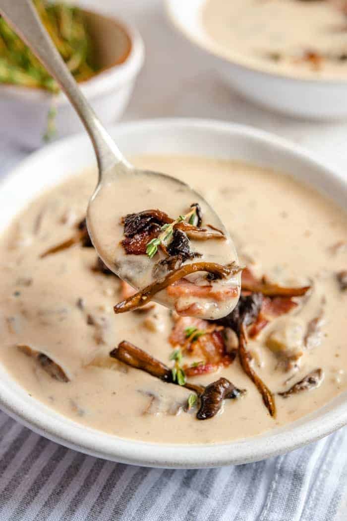 A closeup of a spoonful of cream of mushroom soup