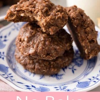 A pinterest graphic of a stack of no bake cookies on a plate.