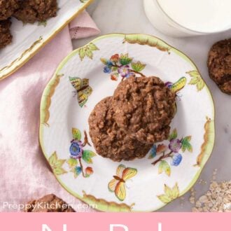 A pinterest graphic of an overhead view of two no bake cookies on a plate.