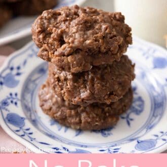 A pinterest graphic of a stack of three no bake cookies on a plate.