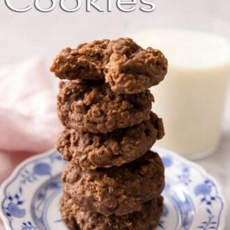 A pinterest graphic of a stack of five no bake cookies on a plate.