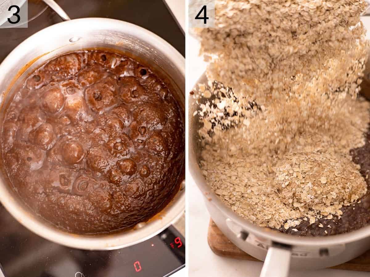 Two photos showing no bake cookie dough in a saucepan