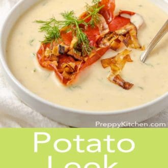 potato leek soup in a white bowl