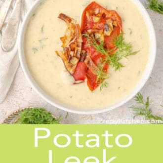 potato leek soup in a white bowl