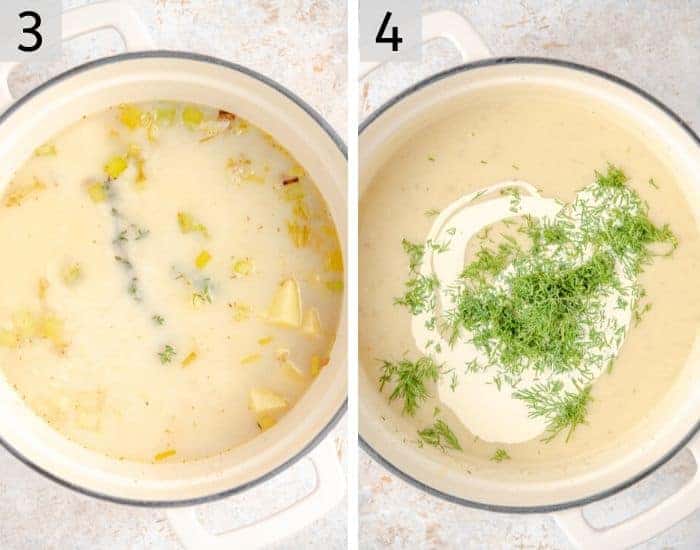 Two final photos showing how to make potato leek soup