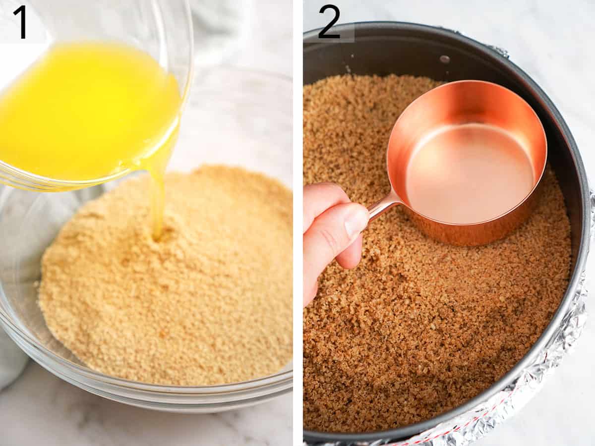 Two photos showing a graham cracker crust being made for a pumpkin cheesecake base.